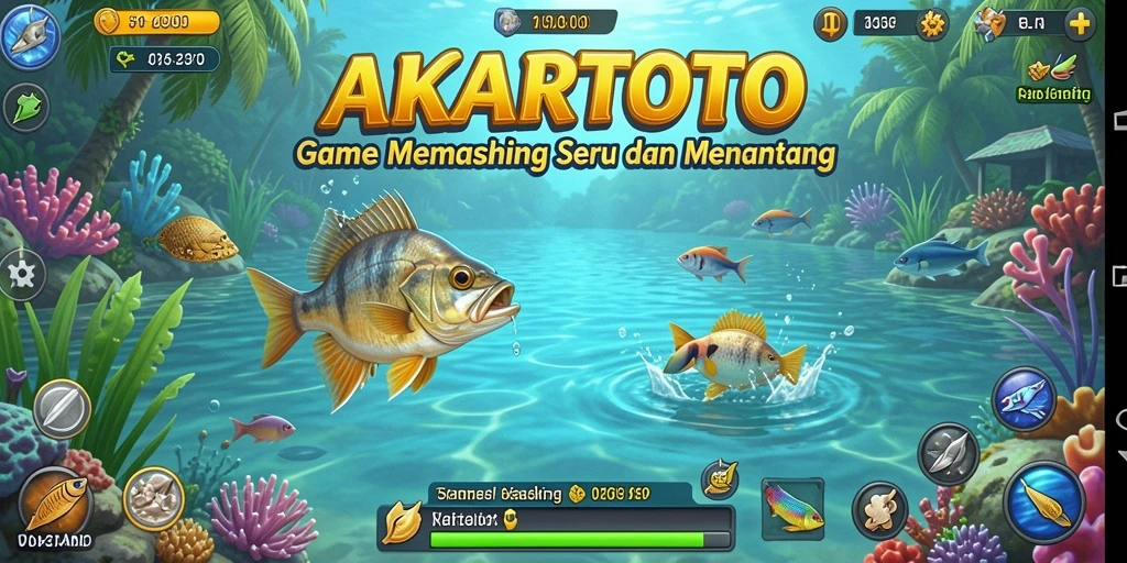 Screenshot gameplay AKARTOTO menampilkan momen menangkap ikan di danau.