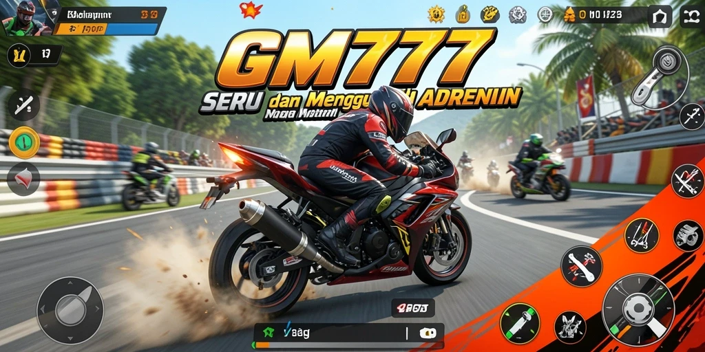 Screenshot utama GM777 menampilkan balapan motor yang intens dan seru.