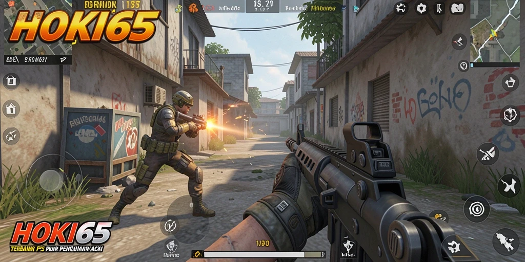 Screenshot HOKI65 menampilkan aksi tembak-menembak yang intens di medan perang.
