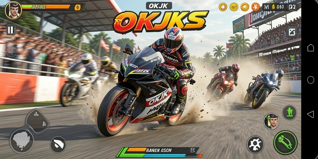 Gameplay mendebarkan di OKJK dengan motor balap yang cepat.
